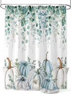 Fall Thanksgiving Shower Curtain, Teal White Pumpkin Shower Curtains Set with Hooks, Floral Sage Green Eucalyptus Leaves Waterproof Fabric Bathroom Curtains Home Accessories,72 X 96 Inch Extra Long