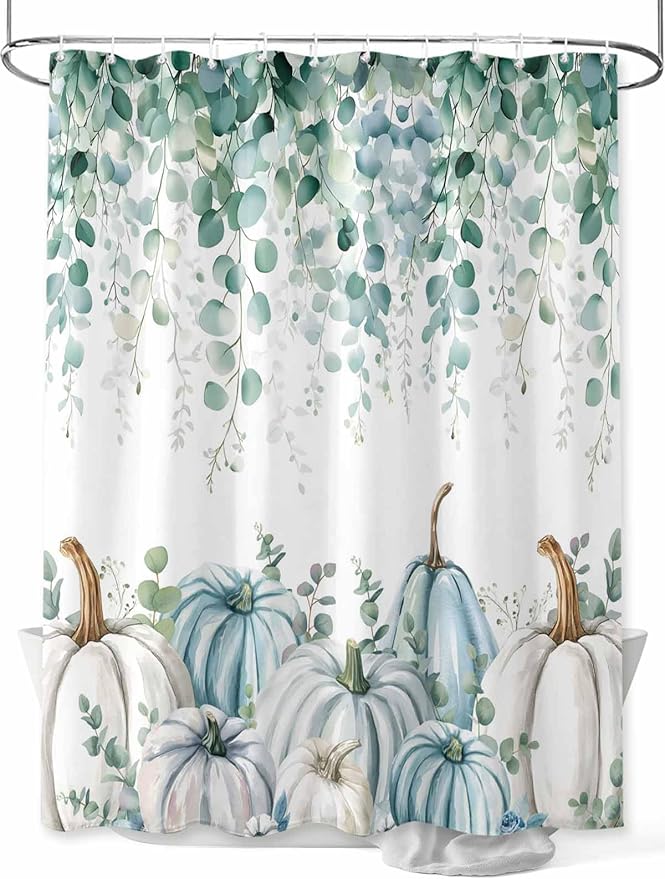 Fall Thanksgiving Shower Curtain, Teal White Pumpkin Shower Curtains Set with Hooks, Floral Sage Green Eucalyptus Leaves Waterproof Fabric Bathroom Curtains Home Accessories,72 X 96 Inch Extra Long