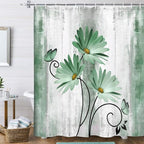 Rustic Farmhouse Shower Curtain, Farm Sage Green Daisy Floral Flowers and Butterfly on Country Wooden Shower Curtain for Bathroom, Turquoise Teal Gray Grey Shower Curtain with 12PCS Hooks, 70X75IN