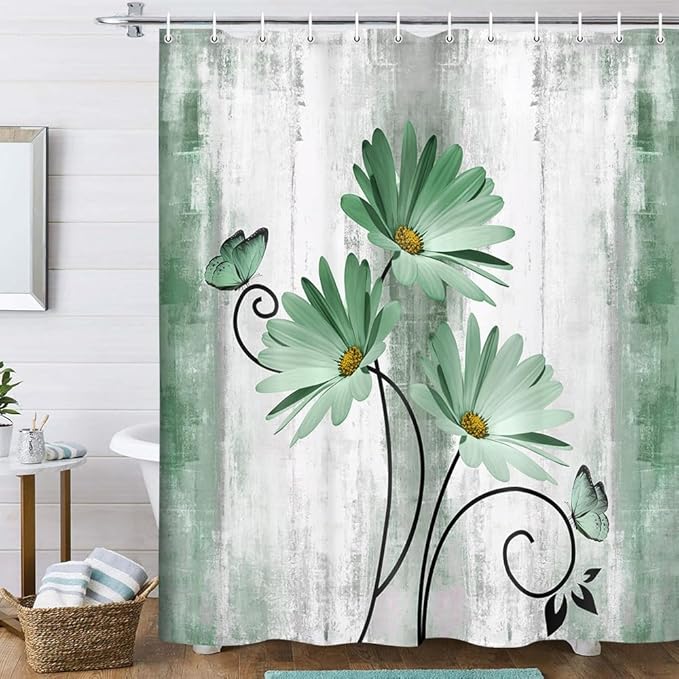 Rustic Farmhouse Shower Curtain, Farm Sage Green Daisy Floral Flowers and Butterfly on Country Wooden Shower Curtain for Bathroom, Turquoise Teal Gray Grey Shower Curtain with 12PCS Hooks, 60X70IN