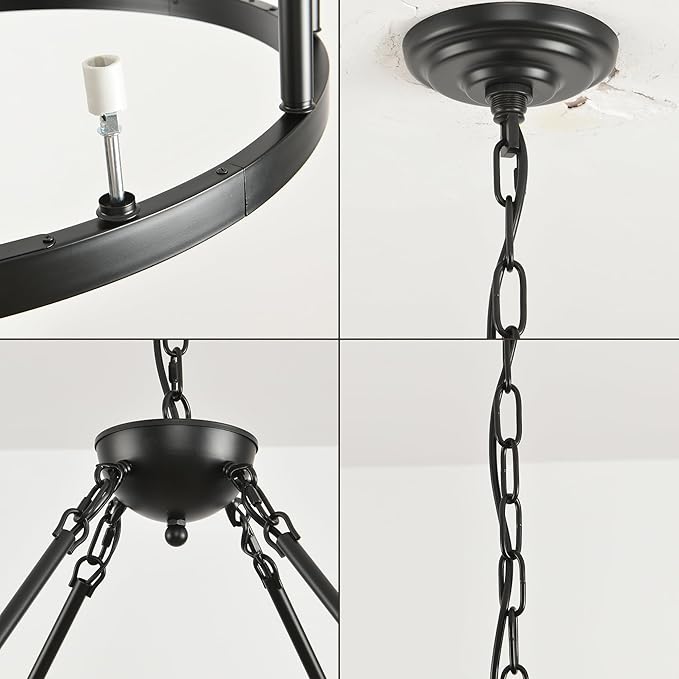 Black Wagon Wheel Chandelier 32 inch,12-Light Farmhouse Wagon Wheel Chandeliers Round Industrial Ceiling Light fixtures for Outdoor Porch high Ceilings Living Dining Room Foyer Entryway