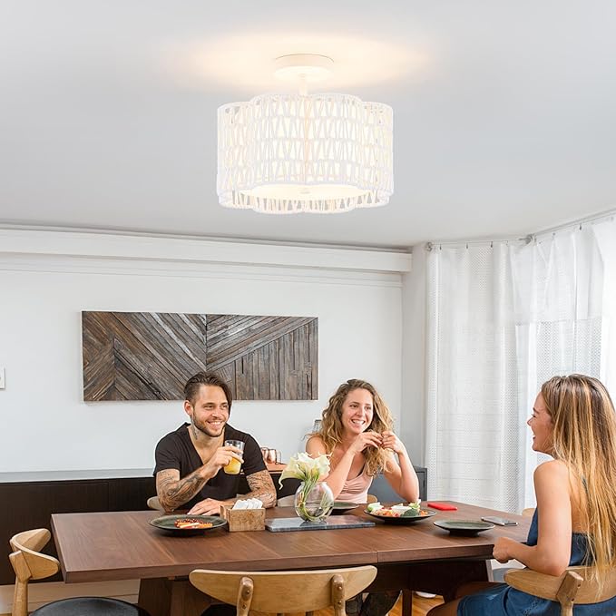 Tbaoinla✿ 13.8＂ Handwoven Rattan 3-Light | White Boho Flush Mount for Small Bedroom & Nursery, Midnight Blossom Woven Ceiling Light, Natural Fiber Bedroom Fixture, Low Profile Rattan Lighting
