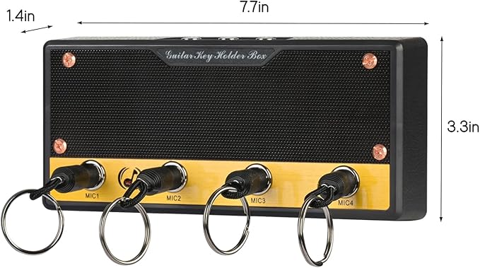 Guitar Key Holder Box, Home Keys Hooks for Guitar-Enthusiasts, Musicians Decor & Organization with 4 Keychains and 1 Wall Mounting Kit (Metal Texture Black)