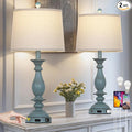 28" Tall Coastal Table Lamps for Living Room Set of 2, Farmhouse Rustic Blue Bedside Touch Lamp with USB C+A Ports & Outlet, 3-Way Dimmable Resin Nightstand Lamps for Bedroom Side End Table