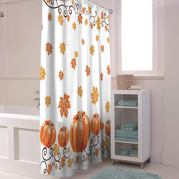 Vandarllin Fall Maple Leaves Shower Curtain, Thanksgiving Watercolor Pumpkins Shower Curtains Set with Hooks, Orange Waterproof Fabric Bathroom Decor Home Accessories,72 X 72 Inch Long
