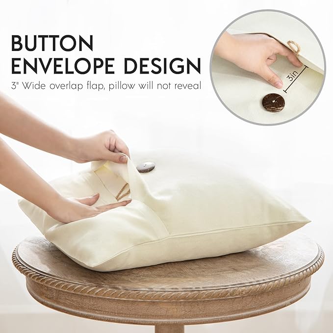 Phantoscope Pack of 2 Farmhouse Throw Pillow Covers Premium Coconut Button Vintage Linen Solid Decorative Pillow Cover for Couch Bed and Chair Off White 12 x 20 inches 30 x 50 cm