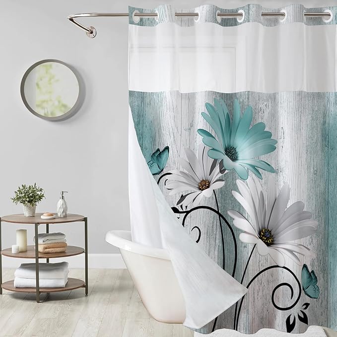 Muuyi Teal Watercolor Floral Shower Curtain,No Hook Shower Curtain,Polyester Shower Curtains with Snap in Fabric,Sheer Top Window for Bathroom Decor,Waterproof & Washable,72W x 75L Inch