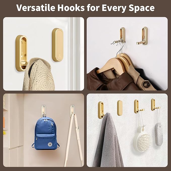 4Pcs Foldable Wall Hooks, Zinc Alloy Folding Hook Gold, Heavy Duty Folding Coat Hooks Wall Mounted for Hanging Coat Towels Bags Keys (Gold, 4 Pack)
