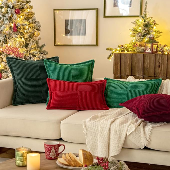 MIULEE Christmas Decorative Lumbar Throw Pillow Covers for Couch Bed Livingroom 12x20 Inch Set of 2 Dark Green Boho Accent Throw Pllows Broadside Striped Patchwork Soft Corduroy Pillowcases