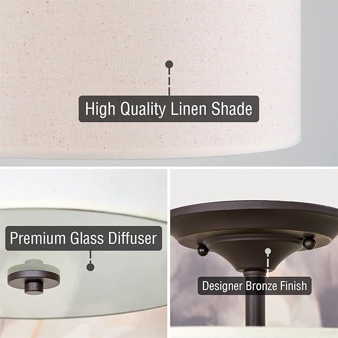 Kira Home Addison 13" 2-Light Semi-Flush Mount Ceiling Light Fixture with Off-White Fabric Drum Shade, Bronze Finish