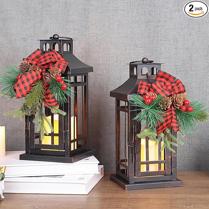NEEDOMO 2 Pcs Christmas Decorations Indoor, Outdoor Christmas Led Lanterns Decorative for Table Centerpieces, Vintage Metal Hanging Candle Holder, Home Decor for Party, Living Room, Patio, Porch