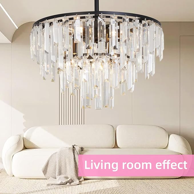 Black Modern Round Top K9 Crystal Chandelier Lighting Fixture, 6 Lights Round K9 Crystal Adjustable Hanging Lamp for Dining Room Bedroom Living Room,Hallway,Bar,Kitchen W17'