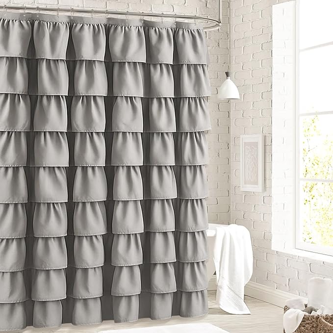 Seasonwood Ruffle Shower Curtain Gray Farmhouse Vintage Handcrafted Rustic Decorative Fabric Shower Curtains for Bathroom, 72" x 72"