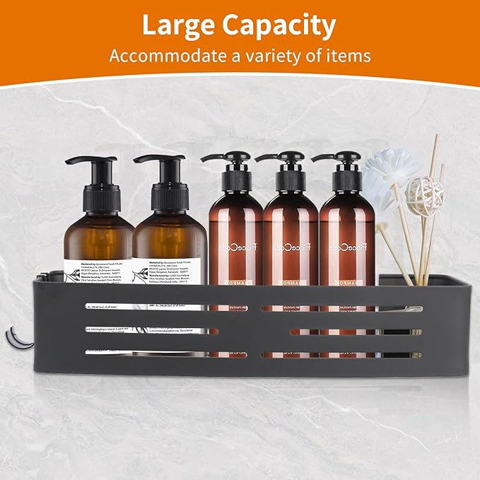 Shower Caddy Shelf Rack, Self Adhesive Shower Shelves with Hooks, Rustproof Bathroom Organizers and Storage, Home Decor Accessories (Rectangle-Black)