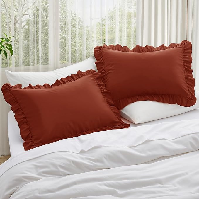 KKJIAF Ruffle Pillow Cases Standard Size Set of 2, Ruffled Pillow Covers with Envelope Closure, Wrinkle Resistant Ruffled Pillow Shams 20" x 26", Dusty Orange