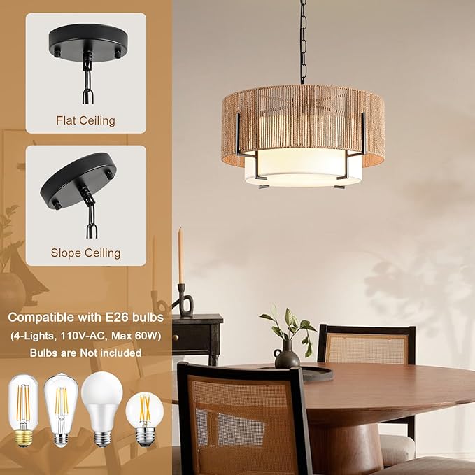 4-Light Rattan Chandelier, 19.7" Boho Pendant Light with Fabric Shade, Farmhouse Rattan Hanging Ceiling Light Fixture for Dining Room, Living Room, Kitchen Island, Bedroom, Hallway, Foyer