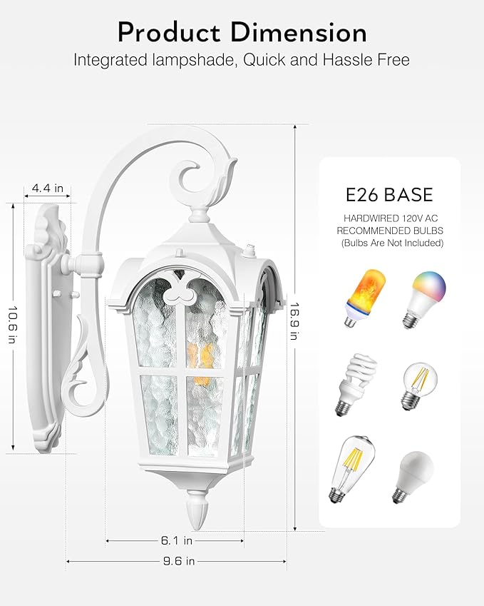 VIANIS White Porch Lights Outdoor, Outside Dusk to Dawn Light Fixtures Wall Mount, Exterior Lighting for House with Ripple Glass, Lantern Fixture for Patio Garage Front Coach, Anti-Rust Waterproof
