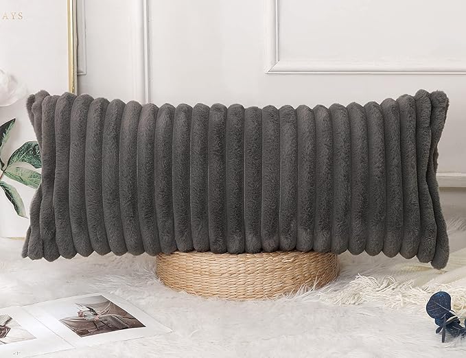 PANOD Faux Fur Decorative Lumbar Throw Pillow Covers 14 x 36,Plush Long Boho Lumbar Pillow Covers Pillow Case Cushion Case for Bed Sofa Farmhouse Livingroom,Grey