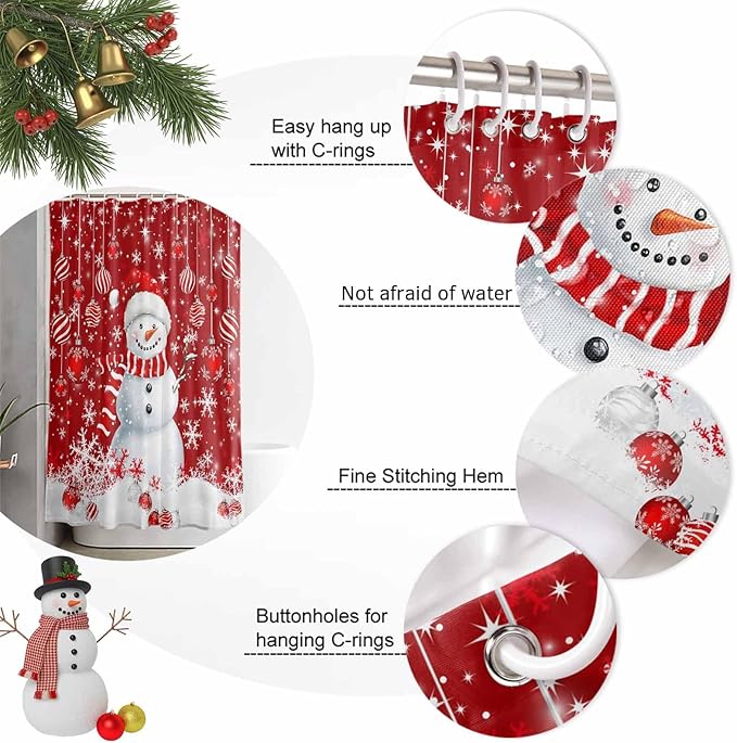 Vandarllin Christmas Shower Curtain, Snowman Shower Curtains Set with Hooks, Snowflake Red Christmas Balls Waterproof Bathroom Curtains Xmas Holiday Decor Home Accessories,66 X 72 Inch Long