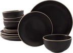 Gibson Home Rockaway Round Stoneware Dinnerware Sets, Service for 4 (12pcs), Black