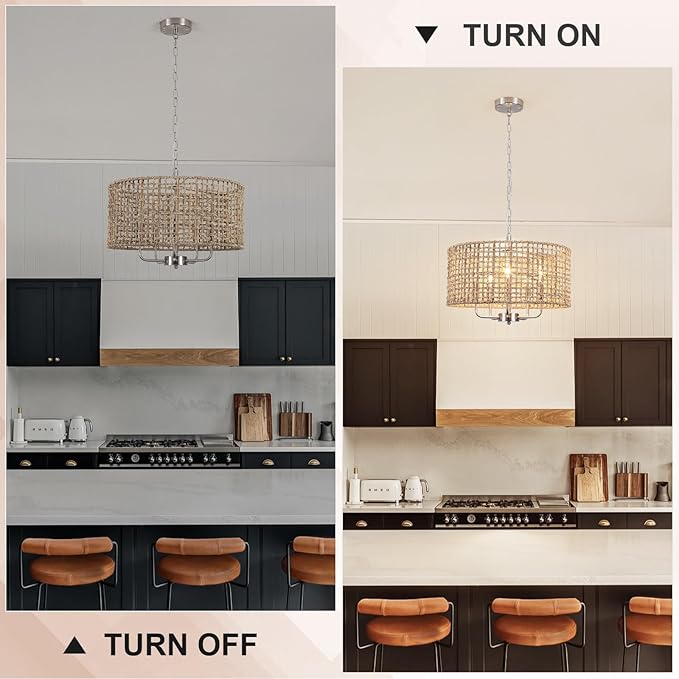 18.9'' Hand Woven Rattan Chandelier, 5-Light Rattan Pendant Light Farmhouse Chandeliers for Dining Room Light Fixture, Rustic Chandelier Wicker Hanging Pendant Lighting for Bedroom Living Room Foyer