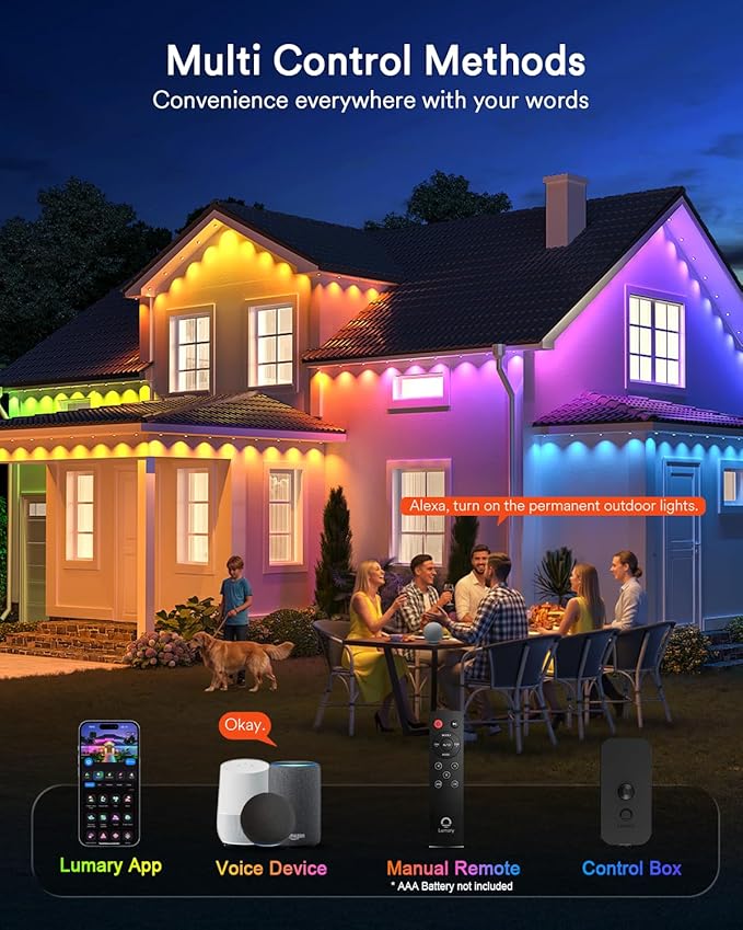 Lumary Smart Permanent Outdoor Lights 2 with Remote & Slide-Base, 200ft with 120 RGBAICW LED 7200lm for Daily & Accent Lighting, Work with Alexa Google, 110+ Scene for Halloween Christmas Decor, Black