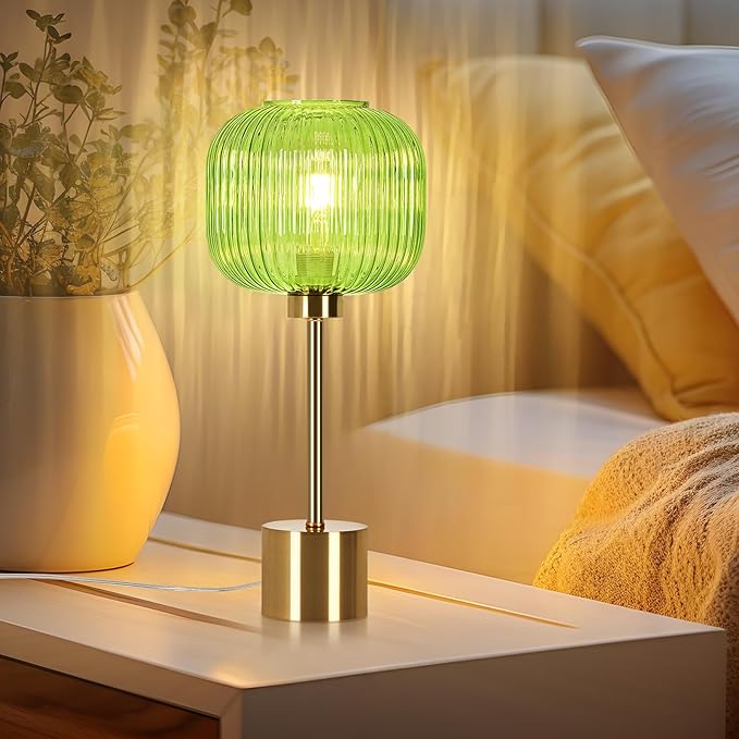 Green Glass Table Lamp with 3 Way Dimmable and Touch Control, Mid Century Modern Vintage Bedside Table Lamp for Bedroom Living Room End Table