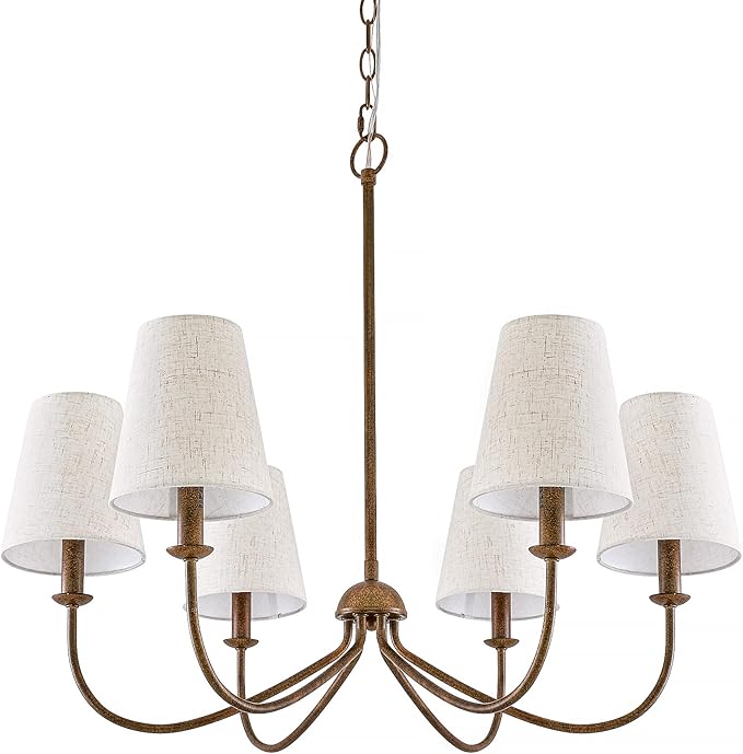 Chandelier, Retro Antique Brown with White Beige Fabric Shade, 6-Light 28" Country Rustic Farmhouse Linear Pendant Lighting Fixture for Kitchen Island Dining Living Room Bedroom