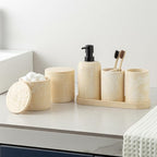 Bathroom Accessories Set, Travertine Stone-Look, 6 PCS Bathroom Accessory Set with Soap Dispenser, Toothbrush Holder, Tumbler, Vanity Tray, Cotton Swab Jars for Countertop (Yellow)