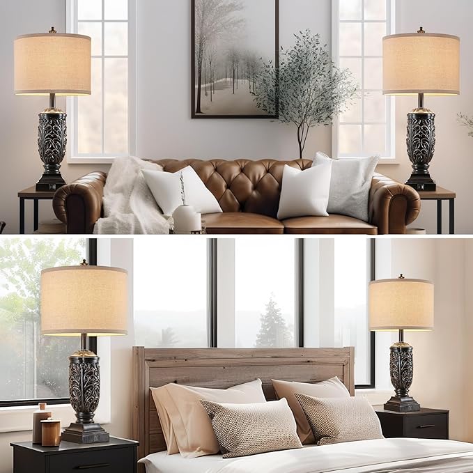28.5” Vintage Farmhouse USB A+C Table Lamps Set of 2 for Living Room Bedroom Tall Rustic Bedside Nightstand Lamp Retro Traditional End Table Lamps for Entryway Home Office Decor Antique Black Accent