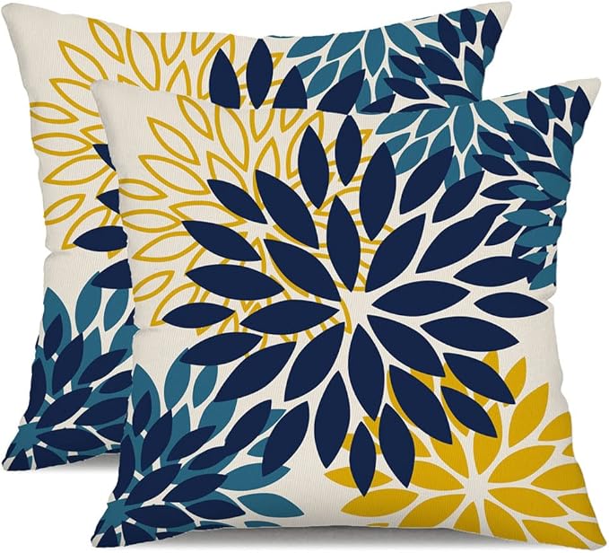 DFXSZ Blue Yellow Flower Pillow Covers 22x22 Inch Set of 2 Outdoor Throw Pillows Outdoor Waterproof Decor for Living Room Sofa Patio Funiture Garden Floral Polyester Pillow Covers 012D22