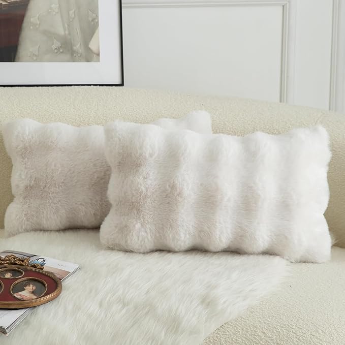 MANDIOO Pack of 2 Thick Plush Wool Decorative Throw Pillow Covers Super Soft Wave Bubble Fur Velvet Cushion Covers Pillow Shams for Couch Bed Living Room 12x20 Inch Cream White