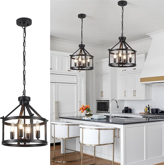 Cage Farmhouse Chandelier,Modern Pendant Light Fixture, Adjustable Height Industrial Black Chandeliers Pendant Light for Dining Room,Kitchen Island,Entryway-4 Light