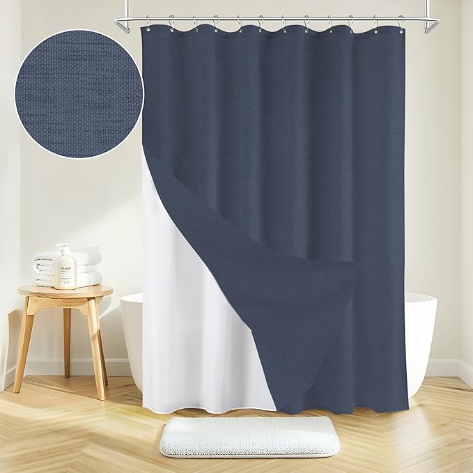 Inhousolu Boho Farmhouse Shower Curtain with Fabric Liner Set, Faux Linen Textured, 14 Metal Hooks Luxury Weighted Hem, Washable Wrinkle Free Bath Curtain for Hotel Bathroom 72" W x 78" L Navy Blue