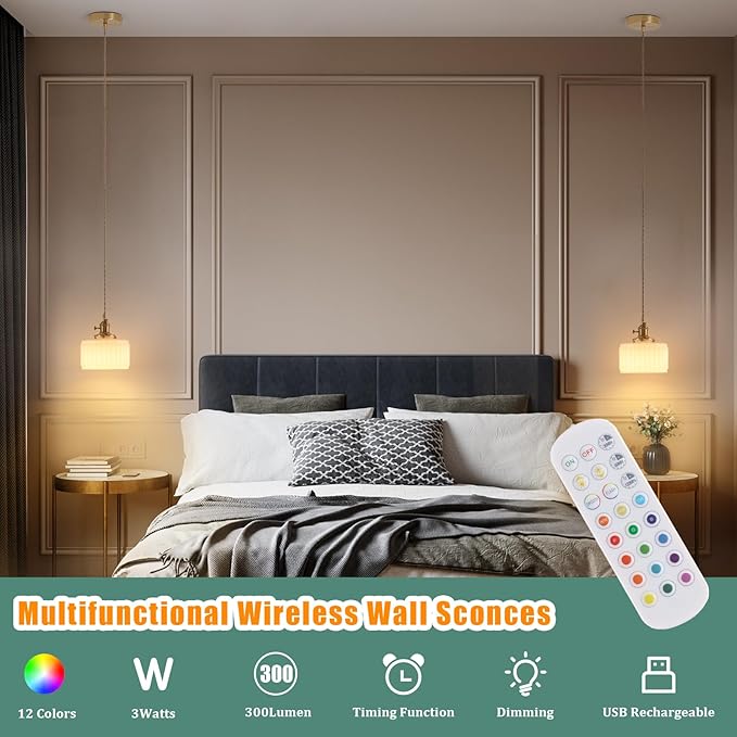 Battery Operated Pendant Light 5000mAh Rechargeable Chandelier with Remote Control Wireless Adjustable Hanging White Striped Light for Kitchen Island Dining Room Hallway