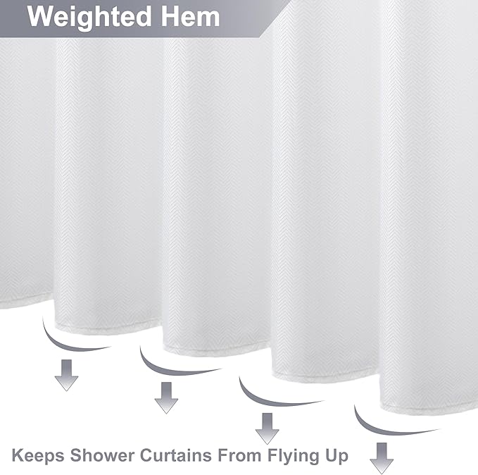 No Hook Shower Curtain, White Modern Chevron Striped Luxury Hotel Style, Washable Waterproof Fabric for Bathroom, 15 Seconds Quick Install, 72W x 80L Inches