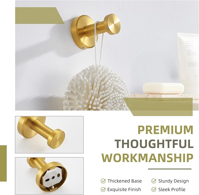 Angle Simple Robe and Towel Hook, SUS304 Stainless Steel Bathroom Robe Hook, Small Towel Hanger for Wall or Cabinet, Brushed Gold