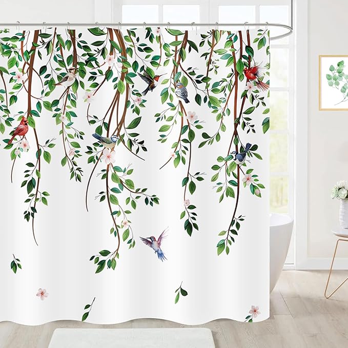 Green Leaves Birds Shower Curtain Hanging Vine Plant with Floral Shower Curtains for Bathroom Waterproof Polyester Fabric Bath Curtain 72 x 72 Inch with 12 Hooks