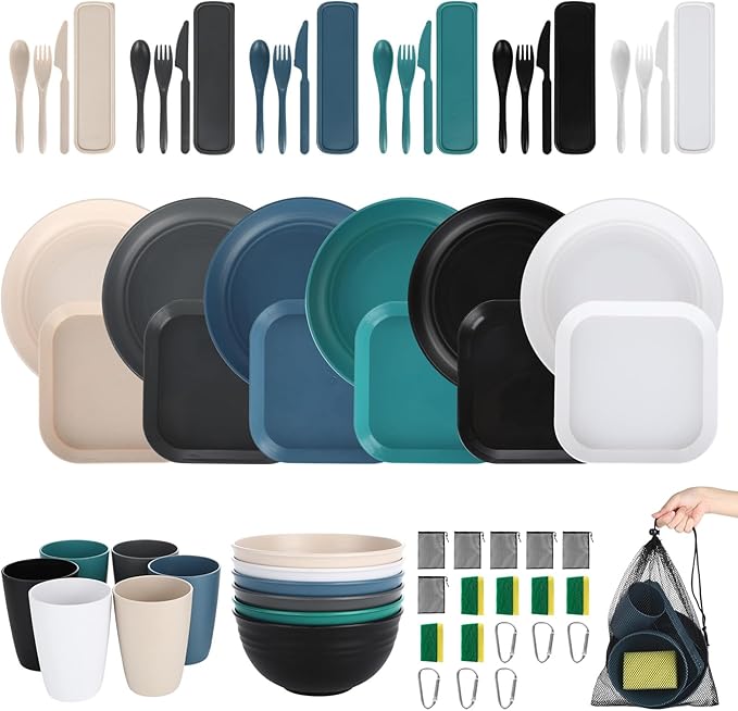 48 Pcs Wheat Straw Dinnerware Sets, Unbreakable Dinnerware Set, Reusable Wheat Straw Plates and Bowls Set for 6, Camping Mess Kit for Travel,Camping Essentials,Picnic,Home,Party