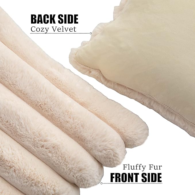 Neelvin Beige Faux Fur Cozy Soft Striped Decorative Throw Pillow Covers 16x16 inch Set of 2,Velvet Pillowcase Cushion Case for Sofa Couch