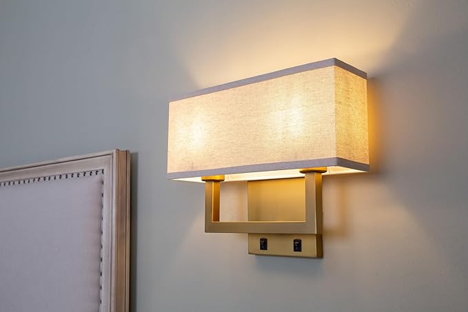 Yosoan Linen Fabric Boho Wall Sconce Bedside Light with On Off Switch, 2-Light Brass Finished Hardwired Vintage Industrial Dual Wall Mount Lamp Square Shade for Bedroom Living Room Stairwell(Antique)
