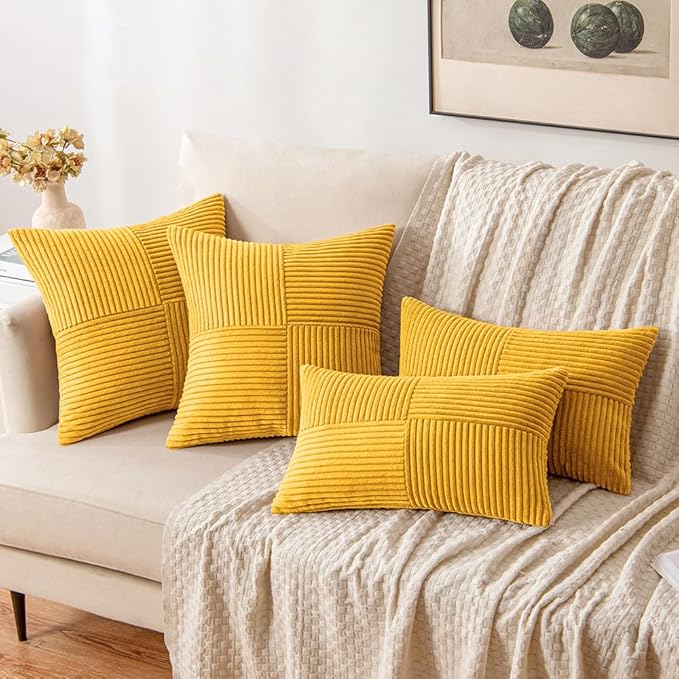 MIULEE Mustard Yellow Corduroy Pillow Covers Pack of 2 Boho Decorative Spliced Throw Pillow Covers Soft Solid Couch Pillowcases Cross Patchwork Textured Covers for Living Room Bed Sofa 12x20 inch