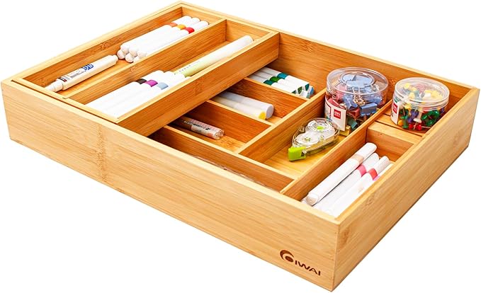 Double Layer Bamboo Kitchen Drawer Organizer Cutlery Utensil Silverware Drawer Organizer, Large Silverware Tray for Drawer Removable Utensil Holder Flatware Organizer Multi-use Storage Box