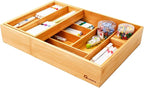 Double Layer Bamboo Kitchen Drawer Organizer Cutlery Utensil Silverware Drawer Organizer, Large Silverware Tray for Drawer Removable Utensil Holder Flatware Organizer Multi-use Storage Box