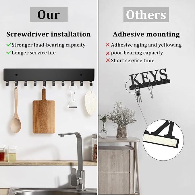 Key Holder Wall Mount with 10 Hooks - Key Rack Organizer for Entryway, Kitchen & Office, Screw-in Mounting 2 Pack 14 Inch
