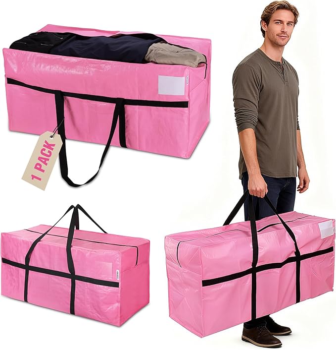 WORKPRO 66 Gallon Extra Large Moving Bags with Zippers, Carry Handles, Heavy-Duty, Water-Resistant Storage Totes for Moving & Space-Saving Organization, Pink
