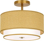 Boho Light Fixtures Woven Rattan-Style Flush Mount Ceiling Light, 12.6inch Closed to Ceiling Light Fixture with 2-Tier Drum Design for Bedrooms, Kitchen, Dining Room, Hallway