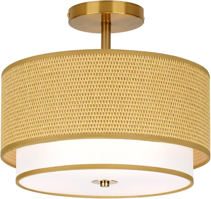 Boho Light Fixtures Woven Rattan-Style Flush Mount Ceiling Light, 12.6inch Closed to Ceiling Light Fixture with 2-Tier Drum Design for Bedrooms, Kitchen, Dining Room, Hallway