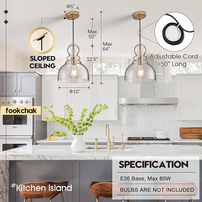 Gold Pendant Lights Kitchen Island, Large Gold Sand Glass Pendant Lighting Over Table 10inch Modern Brass Ceiling Island Light for Kitchen Sink Hallway Entrance