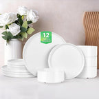 12pcs Dinnerware Sets with High Edge, Kitchen Plates and Bowls Set for 4, Chip and Scratch Resistant Porcelain Dishs Set - Dishwasher & Microwave Safe, QOMO-1996